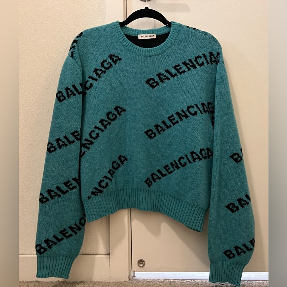 BALENCIAGA Oversized Wool Logo Jacquard Knit Sweater Petrol Blue & Black Sz XS